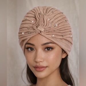 Elegant Pearl Embellished Turban Headwrap – Soft Blush Beige